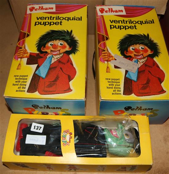Two Pelham Ventriloquist puppets, another Pelham, other various wood toys and a music box